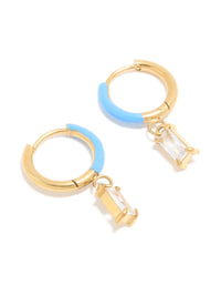 Waterproof Gold Plated Stainless Steel Light Blue Enamel Cubic Zirconia Charm Huggie Earrings - link has visual effect only