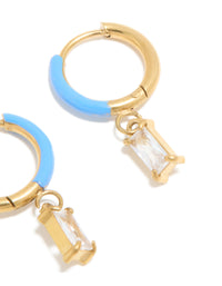 Waterproof Gold Plated Stainless Steel Light Blue Enamel Cubic Zirconia Charm Huggie Earrings - link has visual effect only