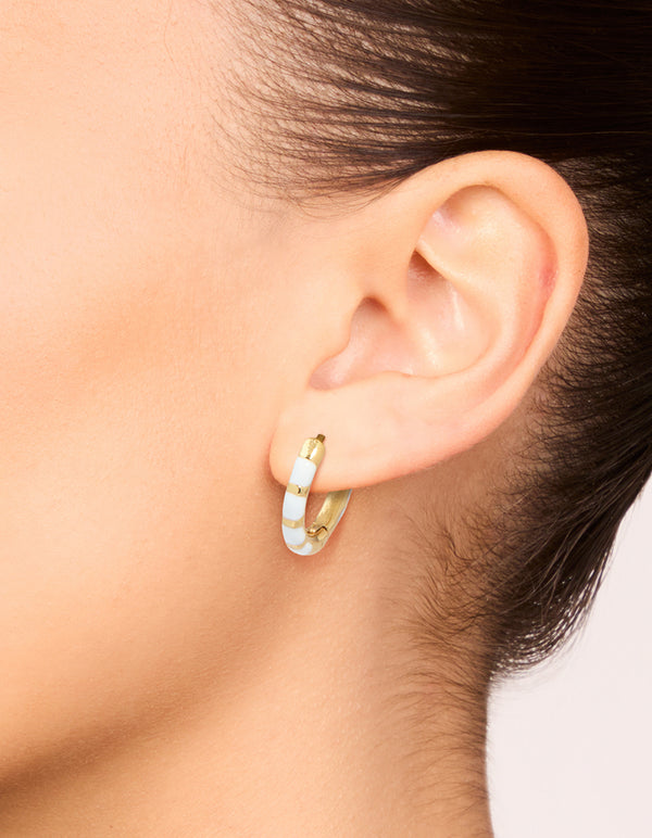 Waterproof Gold Plated Stainless Steel White Enamel Bamboo Huggie Earrings