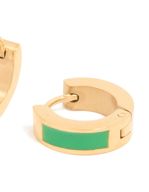 Waterproof Gold Plated Stainless Steel Small Green Enamel Inlay Huggie Earrings