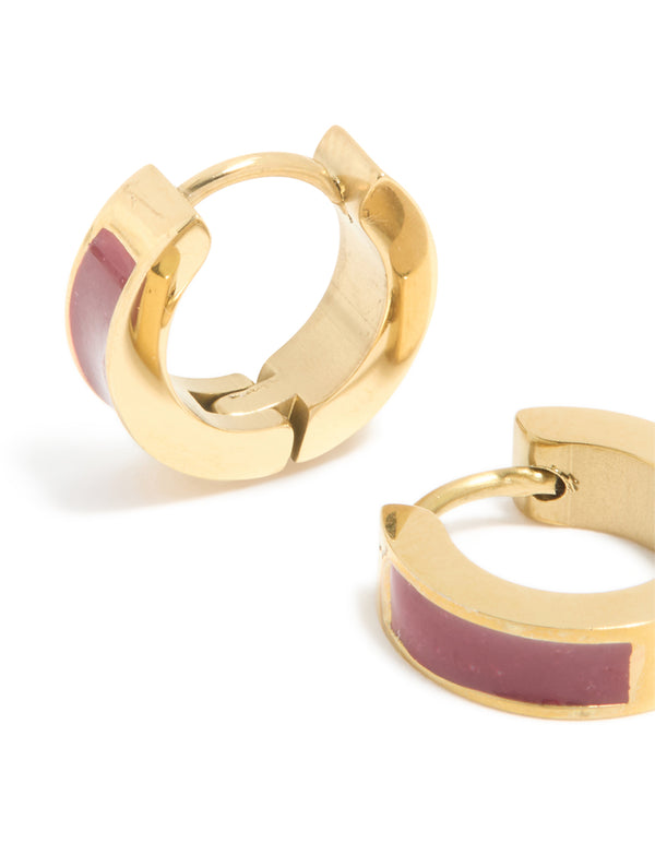 Waterproof Gold Plated Stainless Steel Small Burgundy Red Enamel Inlay Huggie Earrings