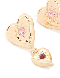 Gold Double Heart With Diamante Star Centre Drop Earrings - link has visual effect only