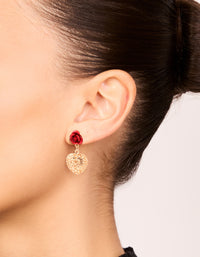 Gold Red Rose & Heart Drop Earrings - link has visual effect only