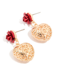 Gold Red Rose & Heart Drop Earrings - link has visual effect only