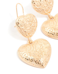 Gold Double Textured Hearts Drop Earrings - link has visual effect only