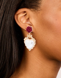 Gold Red Flower & Pearl Heart Drop Earrings - link has visual effect only