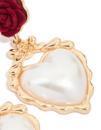 Gold Red Flower & Pearl Heart Drop Earrings - link has visual effect only