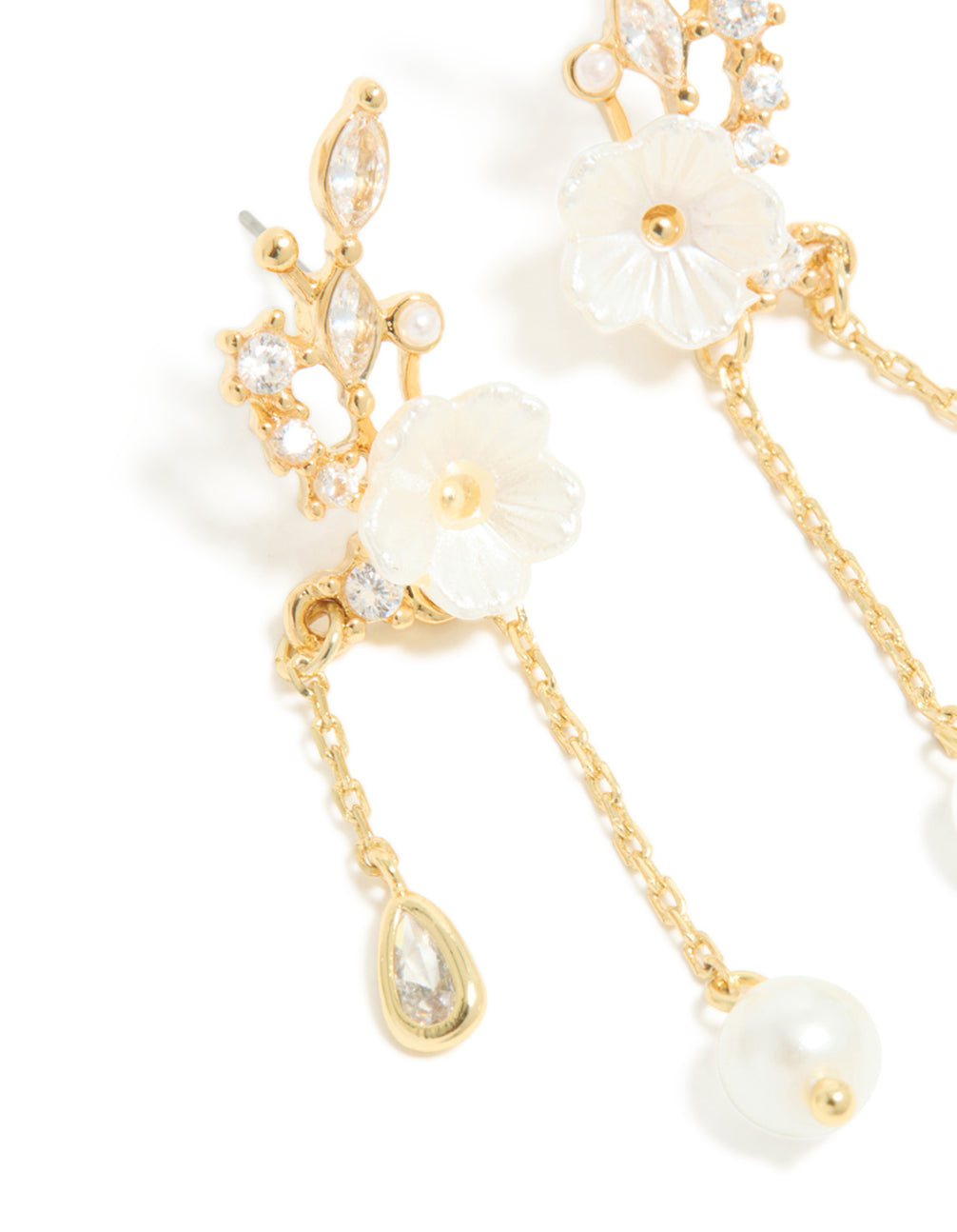 Gold Plated Cubic Zirconia Flower & Leaf Pearl Chain Drop Earrings