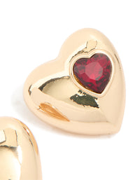 Gold Puffy Heart With Red Diamante Detail Stud Earrings - link has visual effect only