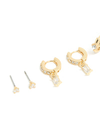 Gold Plated Cubic Zirconia Baguette Studs & Huggie Earrings 4-Pack - link has visual effect only