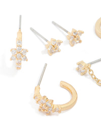 Gold Plated Cubic Zirconia Flower Chain & Mixed Earrings 4-Pack - link has visual effect only