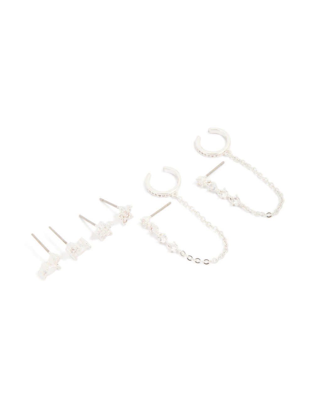 Silver Plated Brass Cubic Zirconia Stud & Dainty Chain Stud Earrings 3-Pack