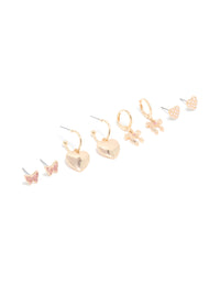 Gold Heart & Dainty Bow Earrings 4 Pack - link has visual effect only