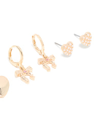 Gold Heart & Dainty Bow Earrings 4 Pack - link has visual effect only