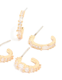 Gold Plated Brass Mixed Cut Cubic Zirconia Open Hoop Earrings 2-Pack - link has visual effect only