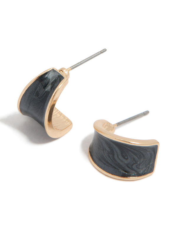 Gold Black Curved Shiny Open Hoop Earrings