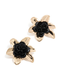Gold Black Beaded Flower Stud Earrings - link has visual effect only