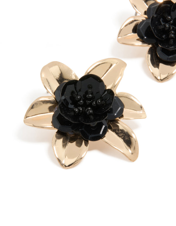 Gold Black Beaded Flower Stud Earrings