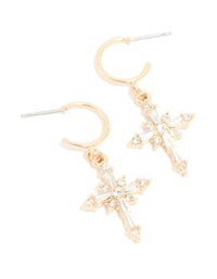 Gold Diamante Gothic Cross Open Huggie Earrings - link has visual effect only
