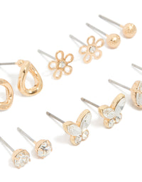 Gold Cubic Zirconia & Butterfly Stud Earrings 7-Pack - link has visual effect only