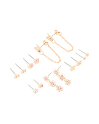 Gold Pink Diamante Studs & Butterfly Chain Earrings 7-Pack - link has visual effect only
