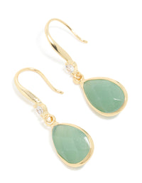 Gold Plated Green Aventurine Semi Precious Stone Cubic Zirconia Large Drop Earrings - link has visual effect only