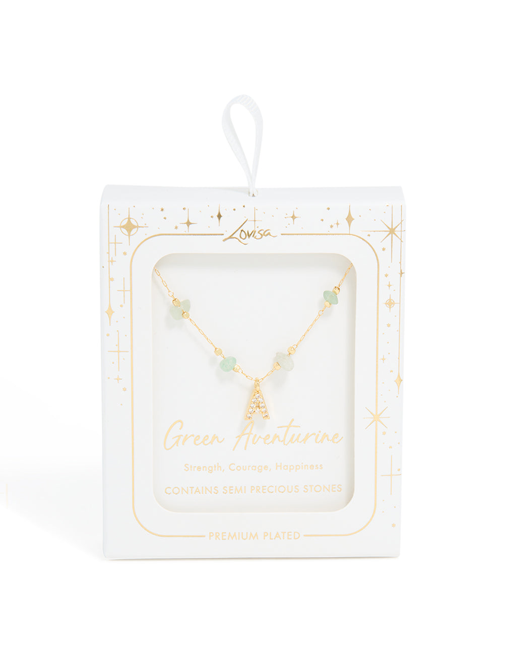Gold Plated Green Aventurine Semi Precious Stone Cubic Zirconia Letter A Necklace