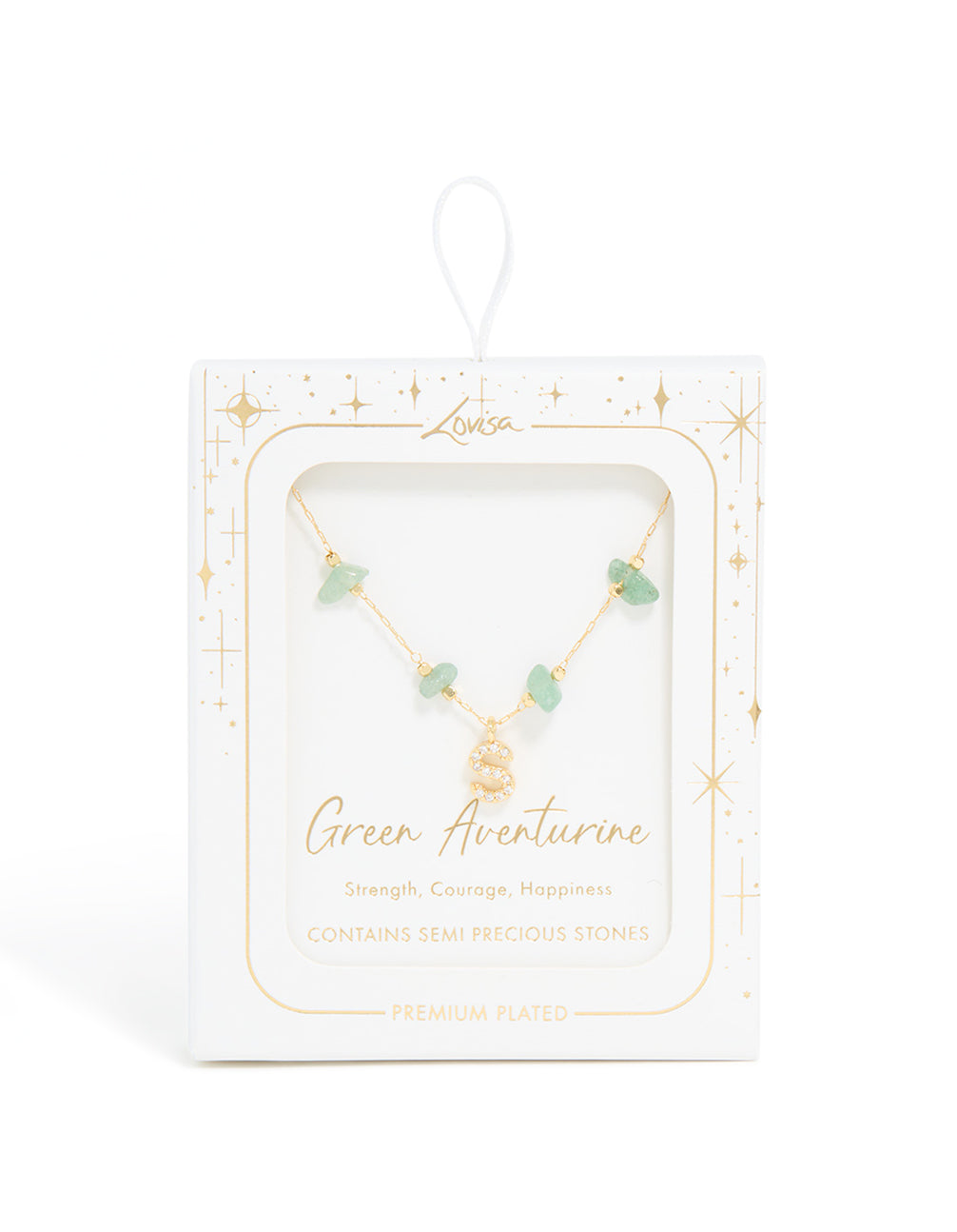 Gold Plated Green Aventurine Semi Precious Stone Cubic Zirconia Letter S Necklace