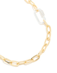 Mixed Metal Plated Diamante Carabiner Chain Necklace - link has visual effect only