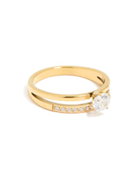 This waterproof gold plated stainless steel dainty cubic zirconia double layered ring features a sleek design with clear stones side detail view - link has visual effect only