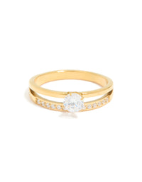Elegantly designed waterproof gold plated stainless steel dainty cubic zirconia double layered ring in a centered composition with clear stones front view - link has visual effect only