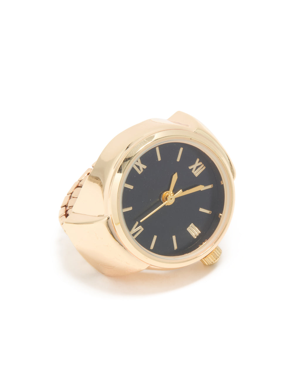 Featuring a statement watch ring in gold with roman numerals and black dial close up view