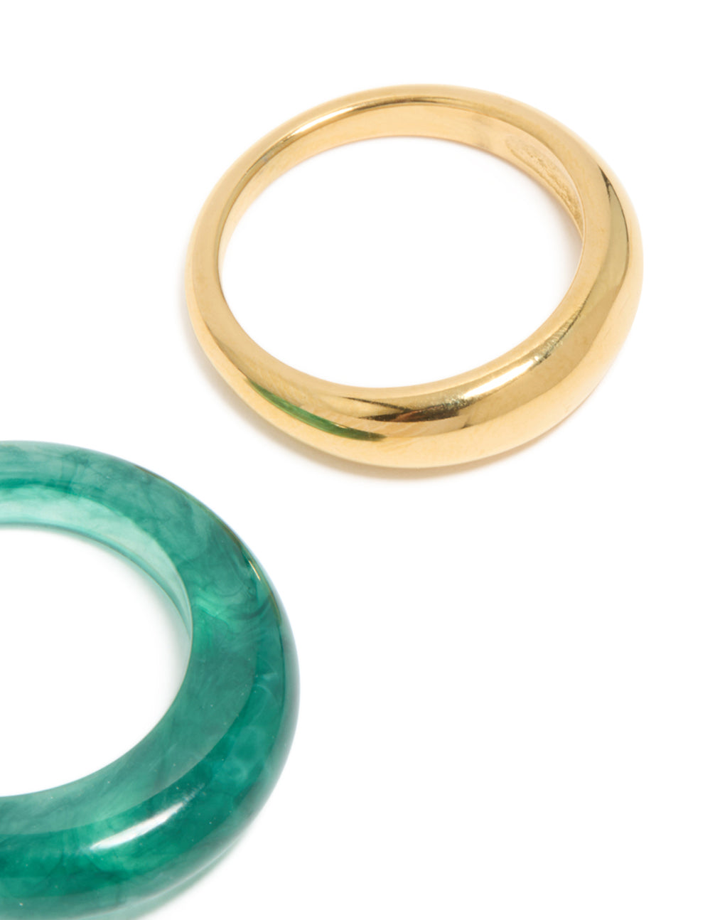 Crafted from waterproof gold plated stainless steel and teal modern thin stacking rings in a 2-pack side detail view