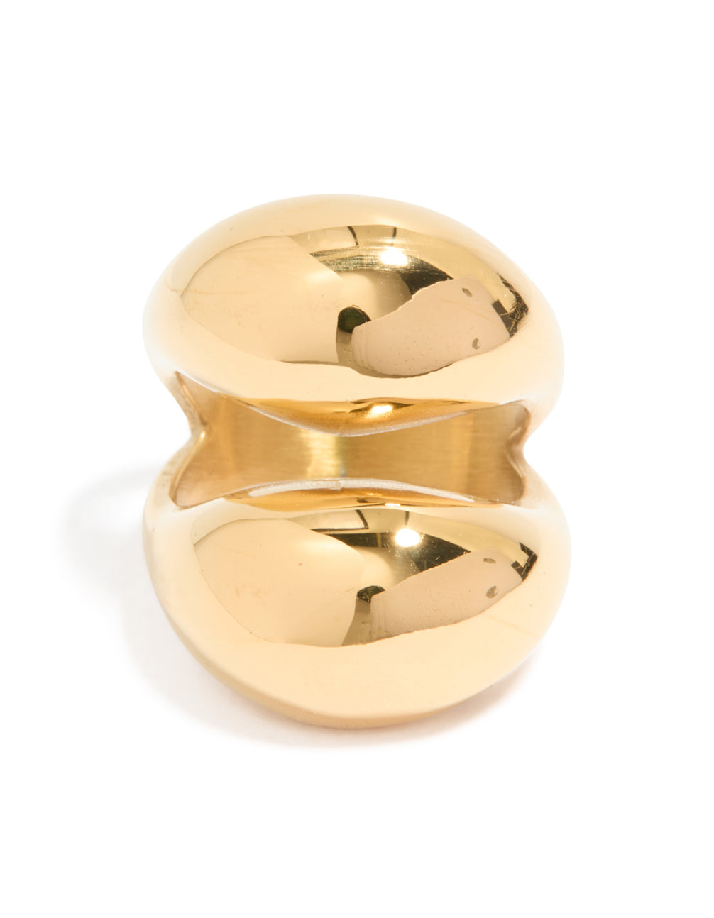 Highlighting a waterproof gold plated stainless steel open orb ring close up view