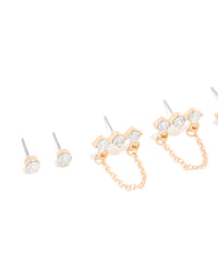 Gold Cubic Zirconia Stud & Chain Earrings 3-Pack - link has visual effect only