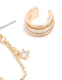 Gold Cubic Zirconia Double Chain Earrings & Ear Cuff 3-Pack - link has visual effect only