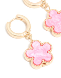 Gold Pink Flower Drop Huggie Earrings - link has visual effect only