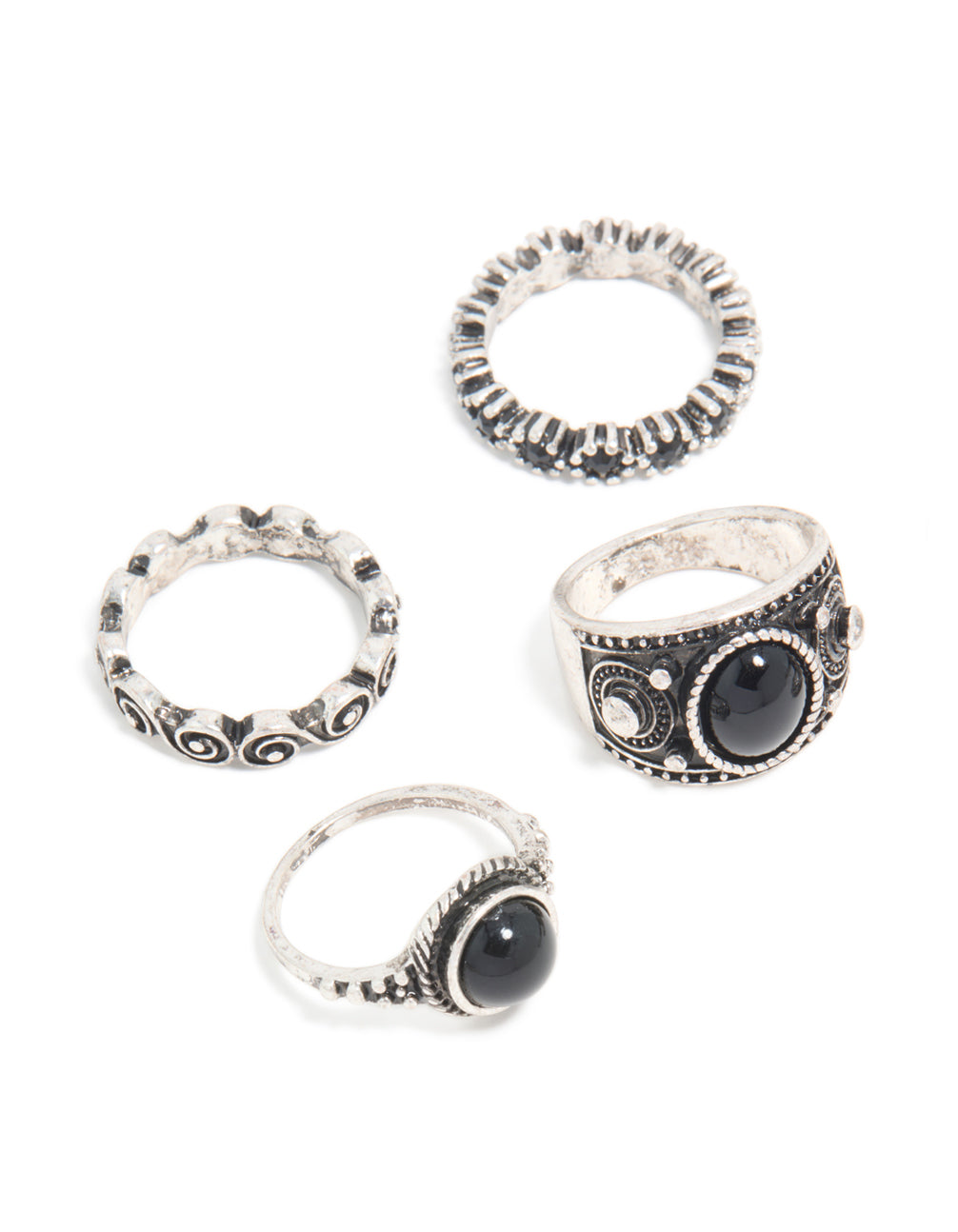 Antique Silver & Black Stones Boho Swirl Stacking 6-Pack