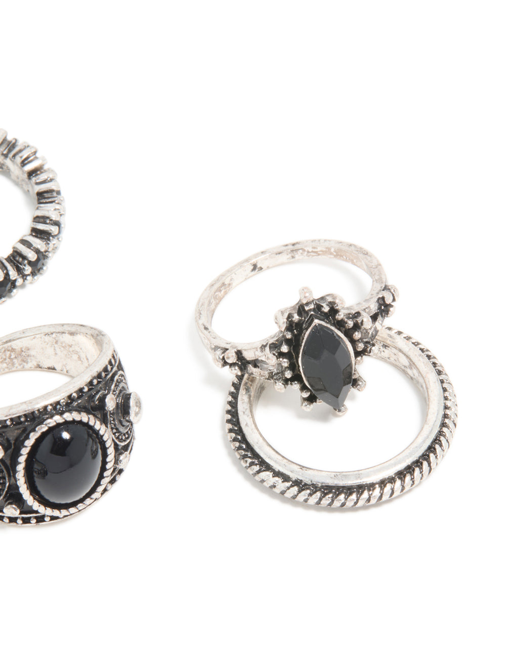 Antique Silver & Black Stones Boho Swirl Stacking 6-Pack