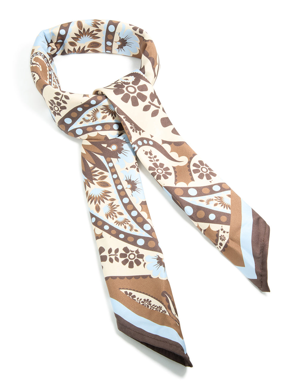 Featuring a chocolate brown pale blue and white floral paisley fabric scarf in ivory with powder blue and rosy brown tones front view