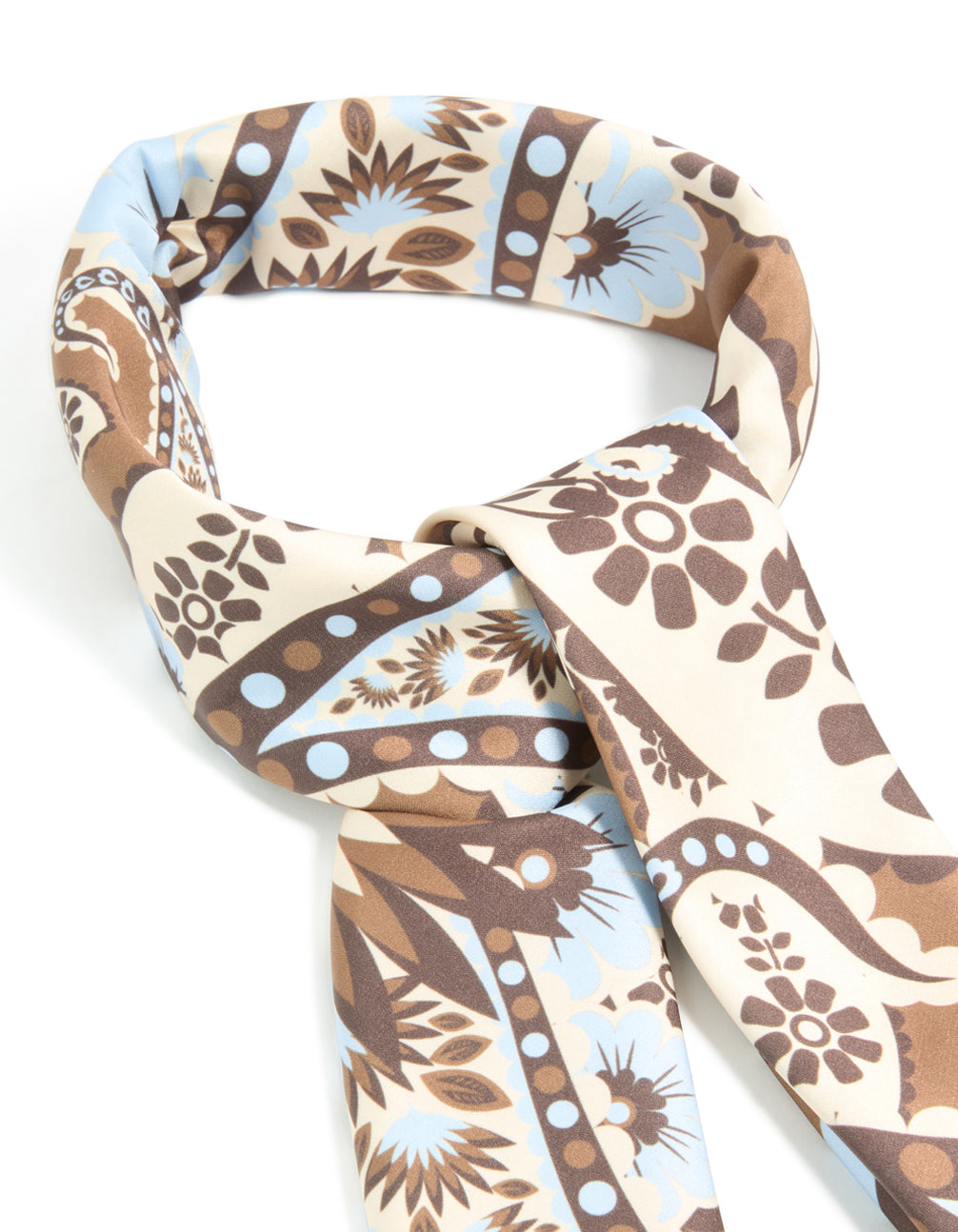 Showcasing chocolate brown pale blue and white floral paisley fabric scarf in ivory with powder blue and rosy brown tones side view