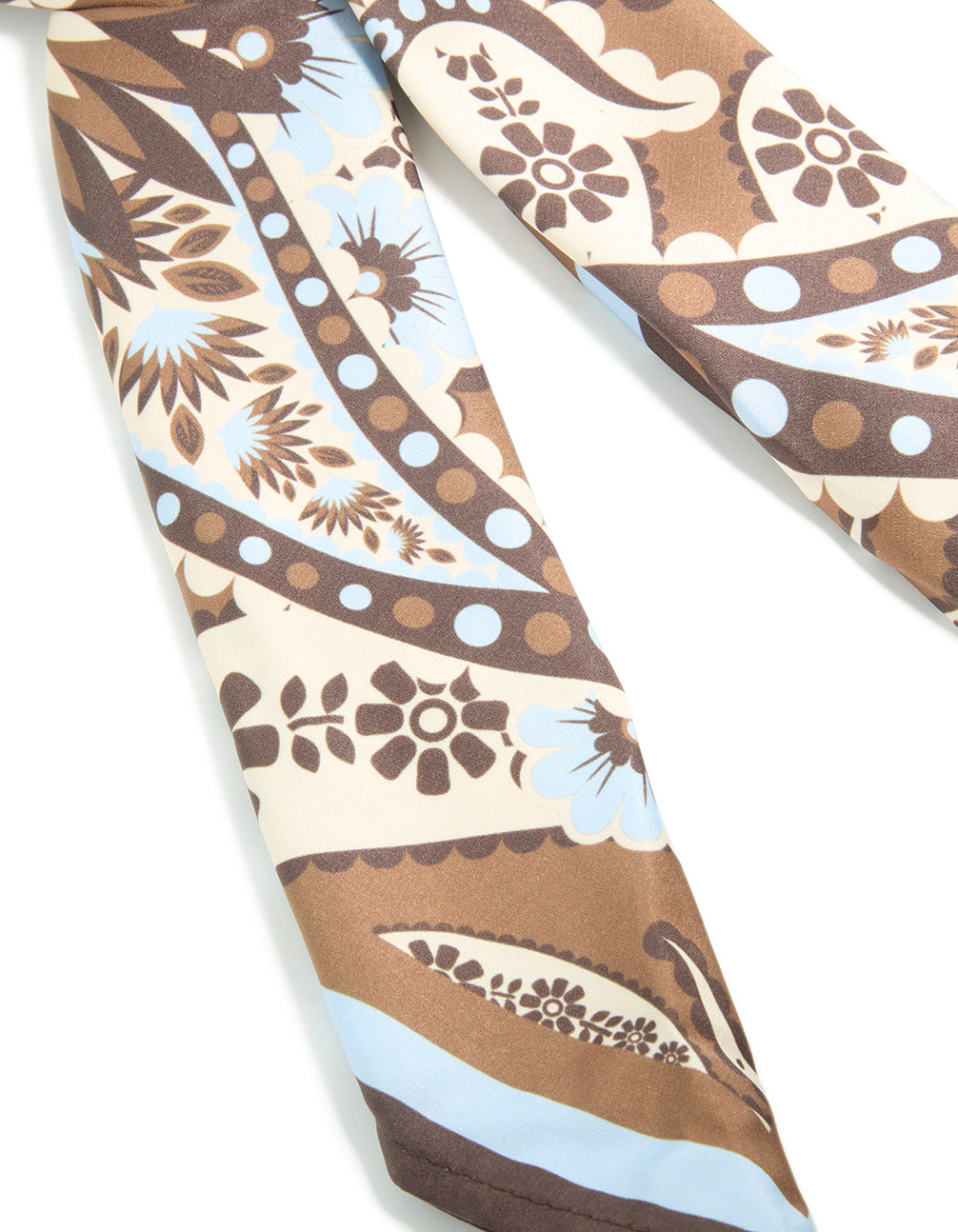 Crafted with chocolate brown pale blue and white floral paisley fabric scarf in ivory with powder blue and rosy brown tones detail view