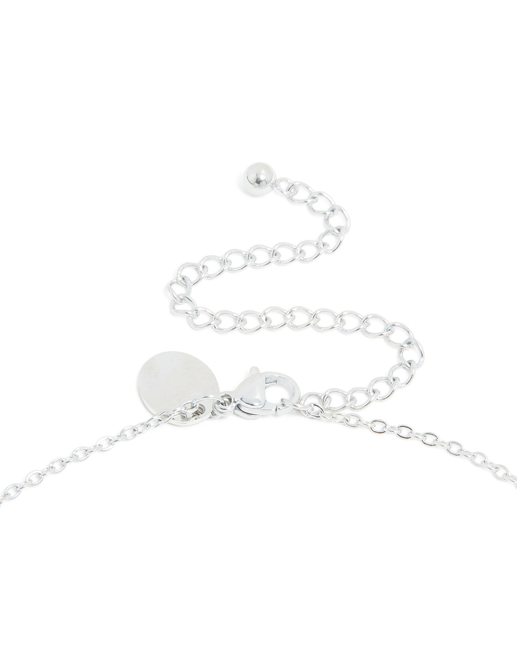 Designed with waterproof stainless steel mini bubble letter J necklace featuring and initial pendant in silver clasp detail view