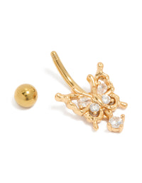 Featuring a gothic butterfly belly bar with charm detailing, crafted from cubic zirconia, surgical steel, and gold plated in clear detail view - link has visual effect only