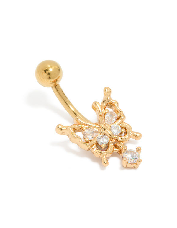 Showcasing a gothic butterfly belly bar with charm detailing, crafted from cubic zirconia, surgical steel, and gold plated in clear belly view