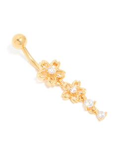 Gold Plated Surgical Steel Cubic Zirconia Double Flower Belly Bar