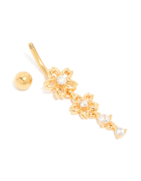 Gold Plated Surgical Steel Cubic Zirconia Double Flower Belly Bar - link has visual effect only