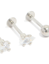 Surgical Steel Cubic Zirconia Marquise & Round Flat Back Studs 3-Pack - link has visual effect only