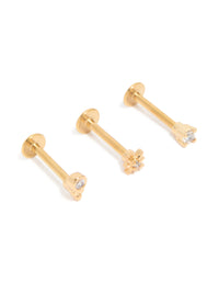Gold Plated Surgical Steel Cubic Zirconia & Star Flat Back Studs 3-Pack - link has visual effect only