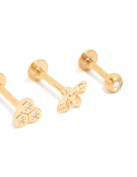 Gold Plated Surgical Steel Cubic Zirconia & Honey Bee Flat Back Studs 3-Pack - link has visual effect only